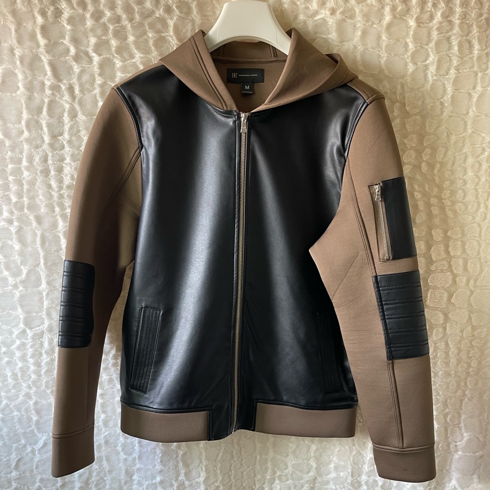 I.N.C International Concepts brown Mens (M) hooded sweater faux leather.